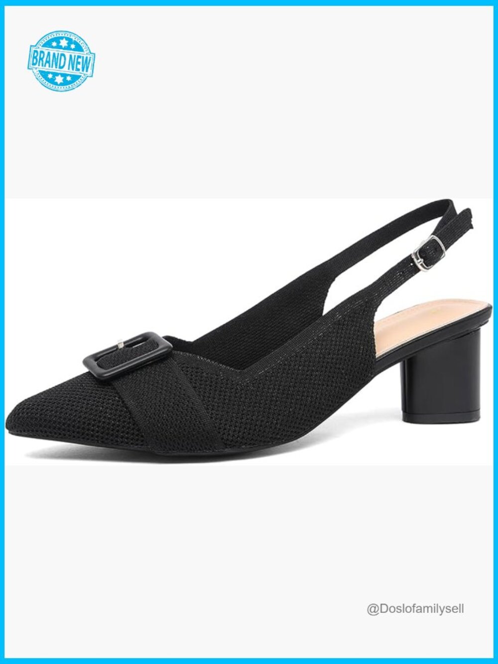 Knit Ankle Strap Pumps - Pointed Toe Slingback Block Heels Chunky Heel Comfort